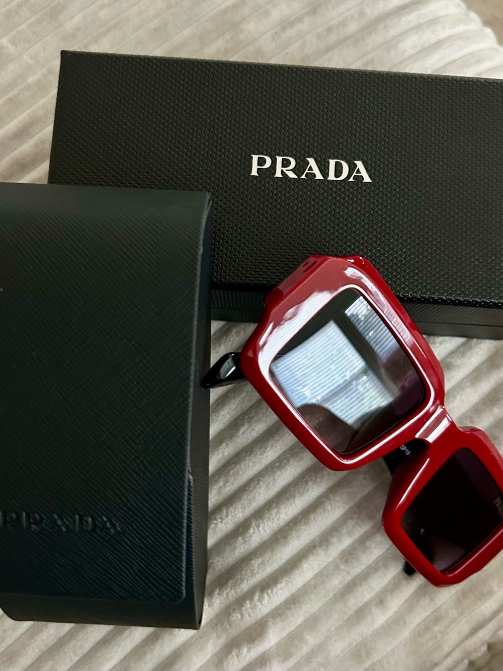 Prada Glossy Red Square Sunglasses with Black Temples